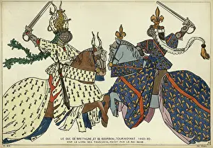 Prints of Vintage engraving of The Duke of Brittany, and Bourbon, fighting 1440-50. From the Book of Tournaments, painted by the king Rene.. Le duc de Bretagne, et de Bourbon, tournoyant 1440-50 Discover the beauty and mystery of the medieval era: Knights, Medieval tournament, Dukes of Brittany and Bourbon in combat