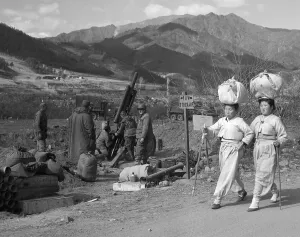 North Korea Prints: Korean Women Walking Past Marines