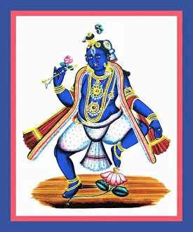 Album Prints: Krishna dances with a flute and a flower