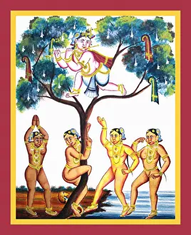 Album Prints: Krishna hiding in a tree on a river bank