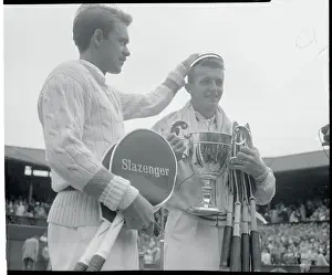 Wimbledon Prints: Kurt Nielsen Placing Trophy Lid on Tony Trabert's Head