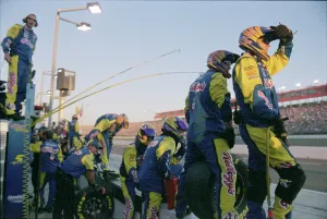 Prints of American stock car racer Kyle Bush's crew at the Sony HD 500 in 2005 in Fontana, California. (Photo by Gregory Bojorquez/Getty Images) Chasing Speed: Motorsport in Motion: Kyle Busch