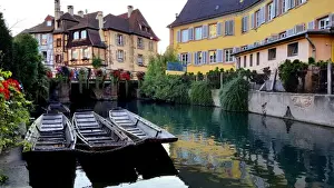 La Petite Venise (Little Venice) with moored excursion boats, Colmar, Alsace, France
