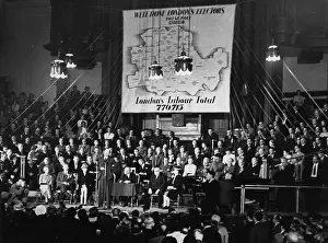 Prints of August 1945: Newly-elected prime minister Clement Attlee speaking at Labour's celebratory meeting in London after Labour's victory in the general election A Quiet Strength: A Leader Who Shaped Modern Britain: Labour Celebrating