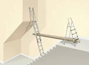 Steps And Staircases Gallery: Ladders in stairwell connected by a board