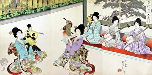Entertainment Prints: Ladies in Waiting of the Chiyoda Castle: Sword Practice and Puppet Kyōgen
