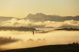 Morning Fog Gallery: Lake Chiemsee and the church steeple of Greimharting as seen from Ratzinger Hoehe in the early