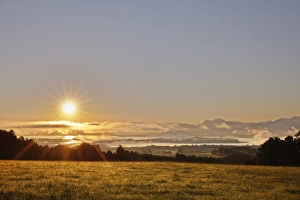 Break Of Dawn Gallery: Lake Chiemsee as seen from Ratzinger Hoehe at sunrise, Chiemgau, Upper Bavaria, Bavaria, Germany