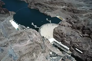Prints of BOULDER CITY, NV - July 05: Hoover Dam (NV) recorded its Highest Water Level at 1 A Timeless Collection of Hoover Dam Photography: Lake Mead water overflows Hoover Dam Spillways