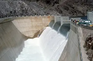Prints of BOULDER CITY, NV - July 05: Hoover Dam (NV) recorded its Highest Water Level at 1 A Timeless Collection of Hoover Dam Photography: Lake Mead water overflows Hoover Dam Spillways