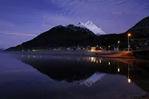 Break Of Dawn Gallery: Lake Silvaplana with village of Silvaplana at dawn, St Moritz, Engadine, Grisons, Switzerland