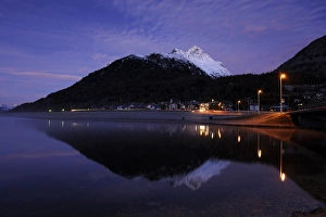 Break Of Dawn Gallery: Lake Silvaplana with village of Silvaplana at dawn, St Moritz, Engadine, Grisons, Switzerland
