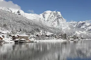 Styria Prints: Lake and town of Grundlsee, Dead Mountains with Backenstein Mountain