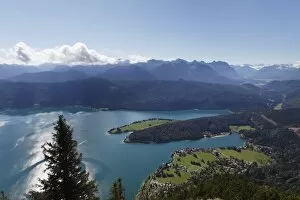Lake Walchen and the town of Walchensee, Zwergern peninsula, as seen from Herzogstand mountain, Upper Bavaria, Bavaria
