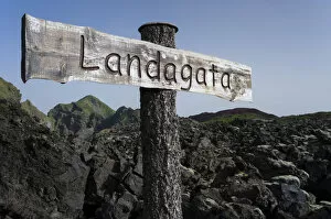 Images Dated 12th September 2011: Landagata signpost, Eldfell lava field, town of Vestmannaeyjar, Heimaey, Westman Islands