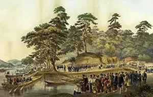 Landing of Commodore Perry, officers and men of the squadron to meet the Imperial Commissioners at Simoda, Japan, 8 June 1854, Historic, digitally restored reproduction from a 19th century original