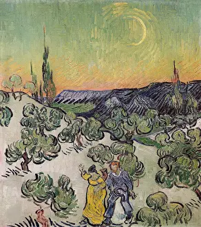 Landscape With Couple Walking And Crescent Moon