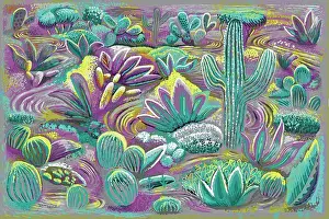 Prints of Sensual cactus garden in vibrant color desert style landscape painting. Evocative of Mojave and Sonoran deserts, Mexico and Southwest United States Quirky Art Illustration Prints: Landscape Desert Garden, Saguaro and flowering cactus painting