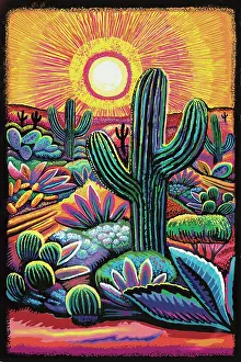 Prints of Fantasy cactus in vibrant color desert style landscape illustration. Evocative of Mojave and Sonoran deserts, Mexico and Southwest United States Quirky Art Illustration Prints: Landscape Desert Garden, Saguaro and flowering cactus at Sunrise