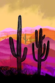 Prints of Fantasy cactus, vibrant color desert landscape illustration with orange sky in background. Evocative of Mojave and Sonoran deserts, Mexico and Southwest United States Quirky Art Illustration Prints: Landscape Desert Sunset, Saguaro cactus silhouette