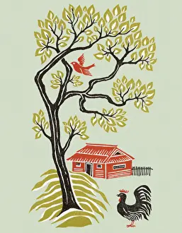 Rooster Prints: Landscape With House and Rooster