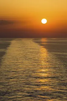 Boating Prints: Landscape of a large boat wake on the ocean at sunset - Venice Euorpe