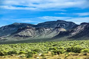 Landscape, off US 95, Layers of minerals cast color on canyons under blue skies, Nevada, USA