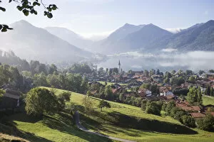 Images Dated 15th September 2014: Landscape with townscape, morning mist, Schliersee, Upper Bavaria, Bavaria, Germany