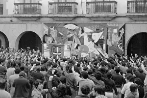 Basque Prints: Large Crowd of Basque Protesters at Gates of Building