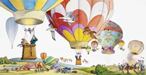 Rope Prints: Large group of colorful hot air balloons flying over countryside