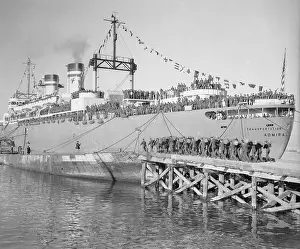Livorno Prints: Large Military Ship Near Docks