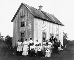Minnesota Prints: Large Pioneer Family In Wooden House