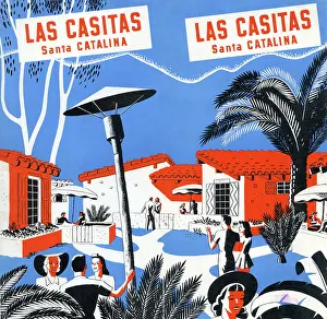 Prints of A travel brochure for Catalina Island shows an illustration of tourists in the courtyard of Las Casitas, circa 1938. (Jim Heimann Collection/Getty Images) A Visual Journey Through Jim Heimann’s Collage Illustrations—Celebrating the Art of Vintage Ephemera and Pop History: Las Casitas, Catalina Island