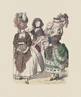 17th & 18th Century Costumes Gallery: Late 18th century, French costumes, hand-colored wood engraving, published c.1880