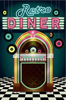 Images Dated 15th November 2018: Late night retro 50s Diner menu layout with jukebox vinyl