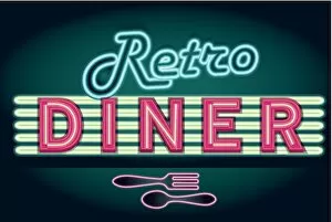 Vibrant Neon Art Gallery: Late night retro Diner neon sign with cutlery