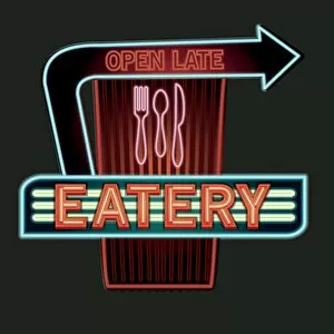 Images Dated 15th November 2018: Late night retro Eatery neon sign with arrows and utensils