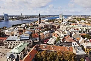 Latvia, Riga, Cityscape of old town and river in distance