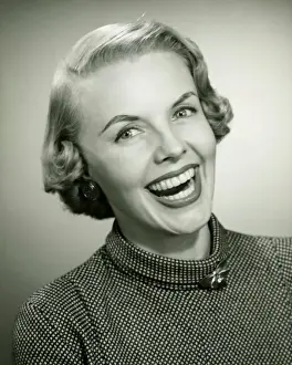 Mock Turtleneck Prints: Laughing woman posing in studio, (B&W), portrait, close-up