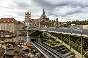 Lausanne cityscape with Lausanne Cathedral and Bessieres Bridge, Switzerland