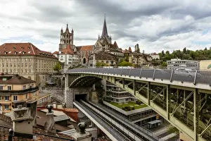 Lausanne cityscape with Lausanne Cathedral and Bessieres Bridge, Switzerland