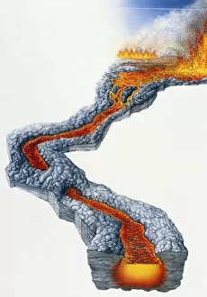 Liquid Gallery: Lava flow, molten rock expelled by volcano during effusive eruption