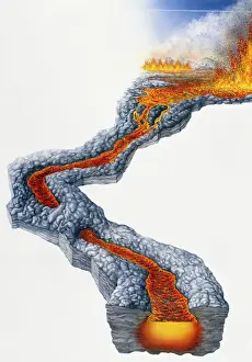 Erupting Prints: Lava flow, molten rock expelled by volcano during effusive eruption