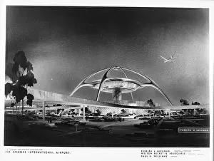 Prints of Architectural illustration (by Pereira and Luckman) of the Theme Building at Los Angeles International Airport (LAX), Los Angeles, California, 1958. The building was completed in 1961 Timeless Moments: A Visual Journey Through History’s Defining Images: LAX's Theme Building