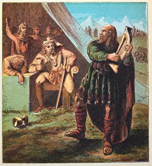 Legend of King Alfred the Great disguised a a harper spying on Danish camp