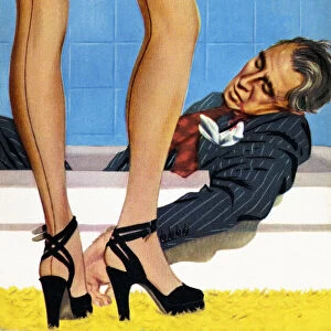 Stockings Gallery: Legs of Woman Standing by Man Lying in a Bathtub
