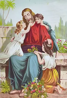 Prints of Illustration from 19th century World Religion Prints: Let the little children come to me, Jesus embracing girls who brought him flowers