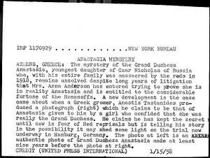 Anastasia Prints: Letter Providing Evidence in the Anastasia Mystery