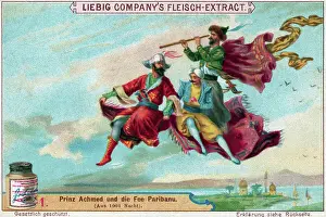 Carpet Prints: Liebig Extract of Meat Company Trade Card with Prince Ahmed on a Flying Carpet