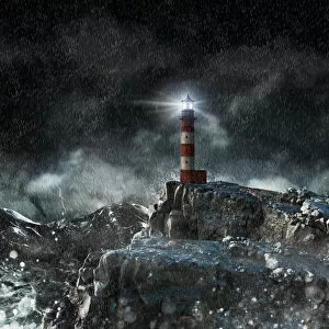 Lighthouse at the top of a cliff in a stormy day